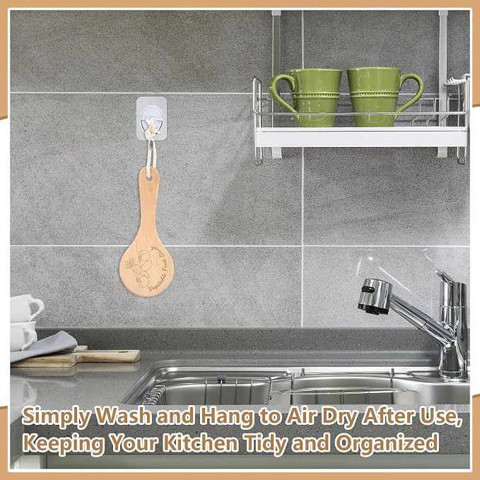 Long Handle Vegetable Scrubber, Veggie Fruit Potato Brush | Firm Bristles, Hanging Rope Wood Veggie Wash Scrubber, Carrot Cucumber Corn Tableware Cleaning, Kitchens Camping Brush Tool