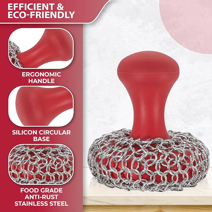 316L Chainmail Scrubber Cleaner Kit - Skillet Cleaner with Long Grip Handle | 316L Chainmail Scrubber + Pan Scraper + Long Handles - 316 Cast Iron Cleaner - Chain Mail Scrubber for Cast Iron Pans