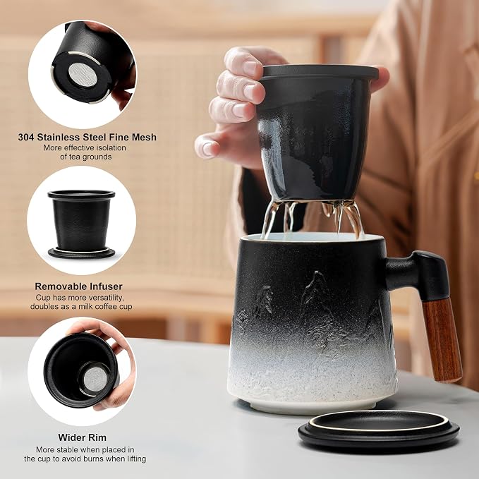 suyika Ceramic Tea Cup with Infuser and Lid, Gradient Embossed Large Tea Mug Wooden Handle for Steeping Loose Leaf, Tea Lover Gifts 15.2 oz / 450 ml,Matte Black | Gradient Embossed, Large Tea Mug, Wooden Handle