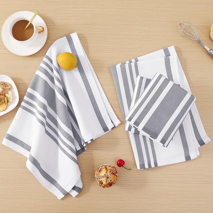 Homaxy Premium Cotton Stripe Kitchen Towels 12 Pack, 18"x 28", Grey | Large 380 GSM Kitchen Hand Towels, Soft Terry Dish Towels, Highly Absorbent Tea Towel Set with Hanging Loop
