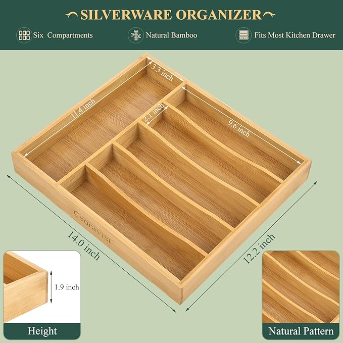 49-Piece Silverware Set with Bamboo Organizer,Flatware Utensil Set for 8 | Heavy-Duty Stainless Steel, Cutlery Set with Steak Knives, Rust-Proof, Dishwasher Safe