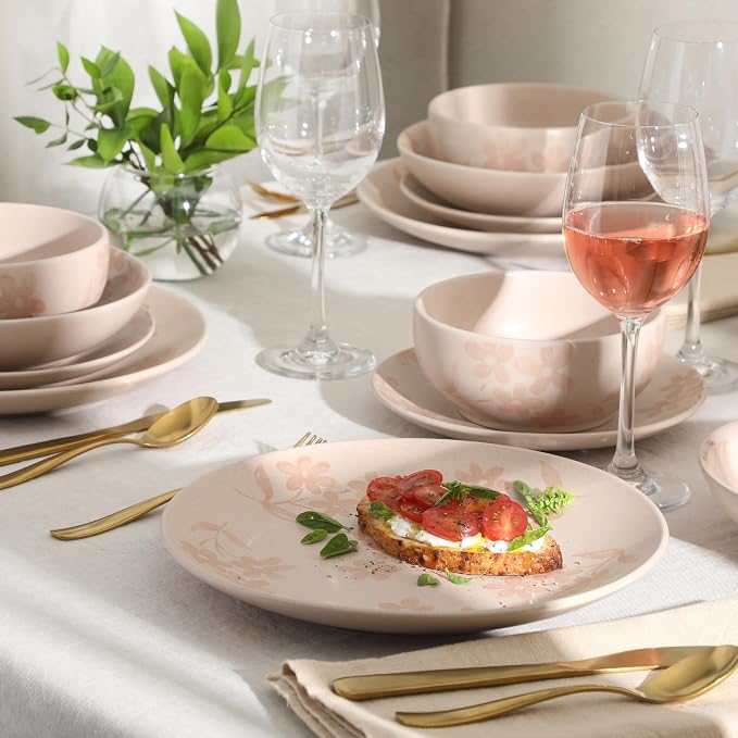 Gibson Home Admiral Hall Plates and Bowls Set, 16-Piece Floral Dinnerware Set, Pink Stoneware Dish Set, Dinner Plates, Salad Plates, Pasta Bowls & Cereal Bowls