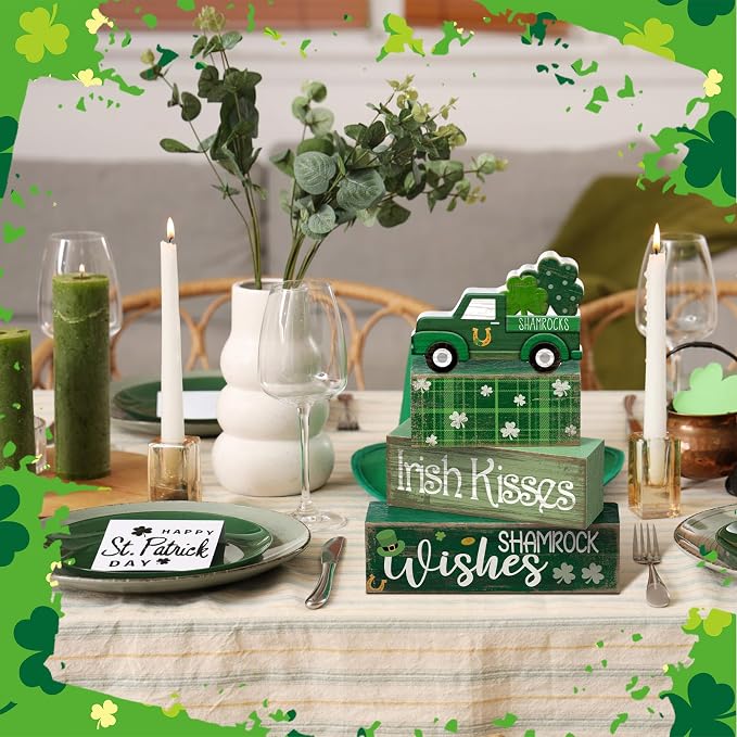 Lineshading 4 Pcs Wooden Shamrock Tiered Tray Decor St Patrick Block Signs | Green Truck Topper with Irish Kisses Blocks, Rustic Farmhouse Tabletop Decorations for Home, Stackable Display