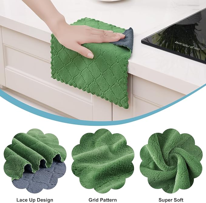 Homaxy 12 Pack Super Soft Dish Cloths, 10" x 10", Dark Grey & Grass Green | Coral Velvet, Nonstick Oil Fast Drying Microfiber Cleaning Cloth, No Lint Household Dishcloths