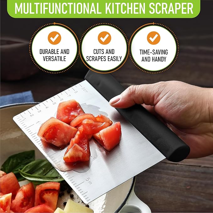 Spring Chef Stainless Steel Bench Scraper & Bowl Scraper Set for Baking | Heavy Duty Dough Cutter Tool & Bowl Pastry Scraper with Measurements for Pizza, Bread, Pastries, Sourdough, Black