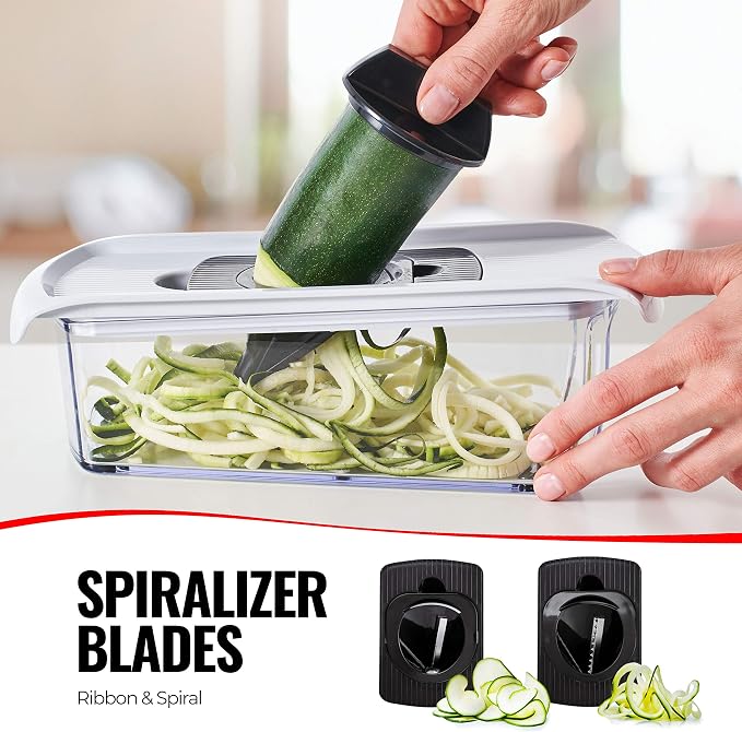 Fullstar Pro Mandoline Vegetable Slicer, Grater & Spiralizer with Container | 6 in 1 Fruit Cutter, Cheese Grater & Spiralizer with Safety Gloves, Stainless Steel Blades & Container (White/Black)