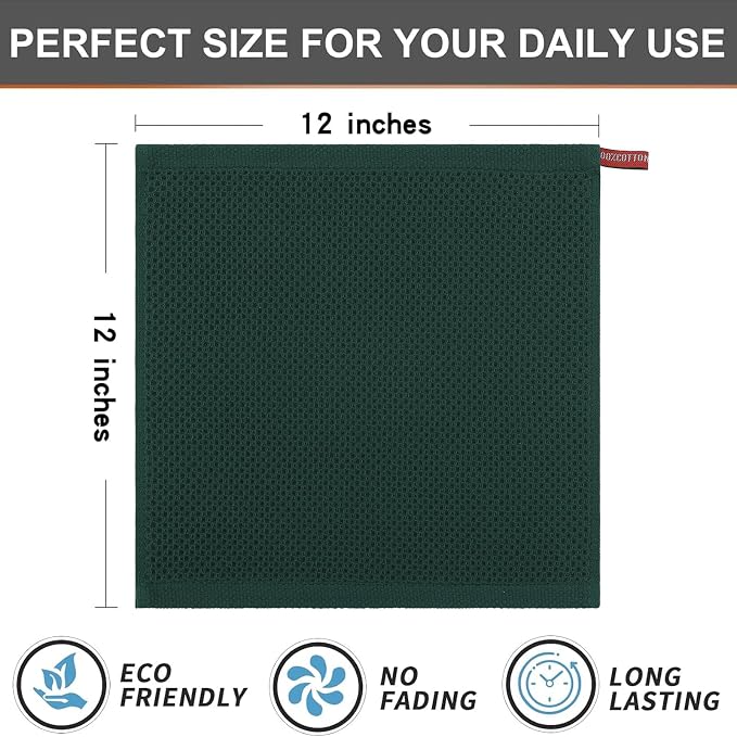 Kitinjoy Cotton Waffle 12-Pack Kitchen Towels, 12" x 12", Blackish Green | Ultra Absorbent, Super Soft, lightweight, Quick Drying Dish Rags for Washing Dishes
