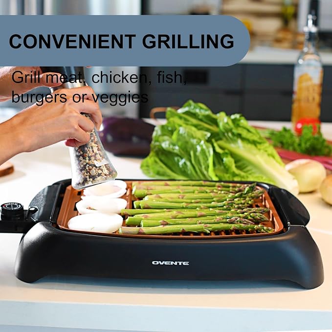 OVENTE Electric Indoor Grill, 13x10 Inch Non-Stick Plate, Copper GD1632NLCO | 1000W Fast Heat Up Power, Adjustable Temperature, Removable and Dishwasher Safe Grilling Plate and Drip Tray