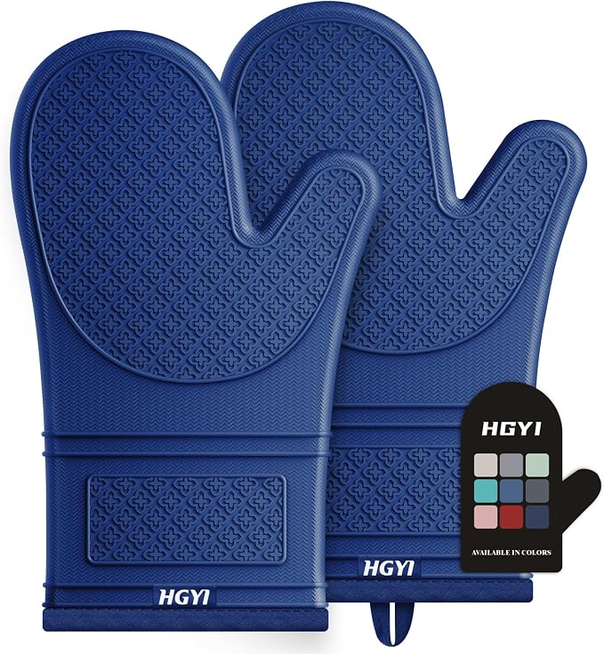 Silicone Oven Mitts, Heat Resistant Oven Gloves with Quilted Liner, Waterproof & Non-Slip Kitchen Mittens for Baking Cooking BBQ, 500°F, 12.5"-Madnight Blue