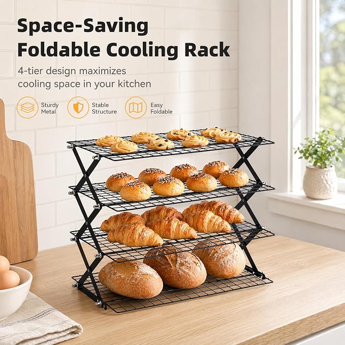 4-Tier Foldable Cooling Rack, Cooling Racks for Cooking and Baking, Baking Rack & Bread Rack for Cookies, Cakes, Breads, Space-Saving Design. (Black, 4-Tier)