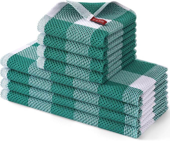 Homaxy Kitchen Towels and Dishcloths Set, Set of 8, White & Teal | Bulk Cotton Waffle Weave Check Plaid Kitchen Towels, Super Soft and Absorbent Dish Cloths, 12 x 12 and 13 x 28 Inches