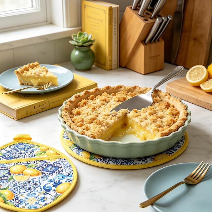 AnyDesign 2Pcs Yellow Lemon Pot Holders Heat Resistant Cotton Hot Pad Non-Slip Potholder Oven Mitt Blue Porcelain Floral Trivet Mat for Kitchen Cooking Baking, 7" x 9"