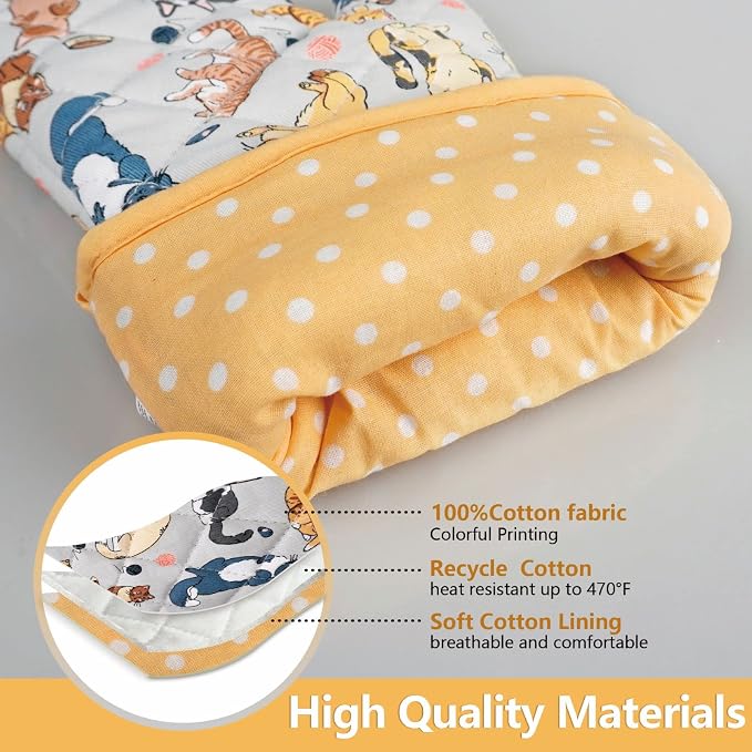Oven Mitts Cotton Fashion Cute Cat Design 1pair | Heat Resistant Oven Gloves Safe Cooking Baking Grilling Barbecue Machine Washable Pot Holders (Cat)