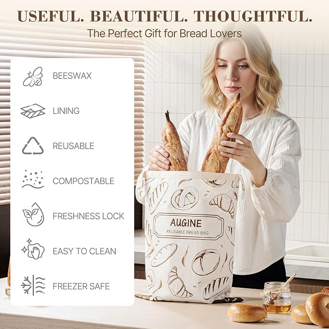 Beeswax Bread Bag, Reusable Bread Bags for Homemade Bread, 2 Pack Beeswax Bread Bags for Sourdough, Natural Cotton Sourdough Bread Bag, Large Capacity