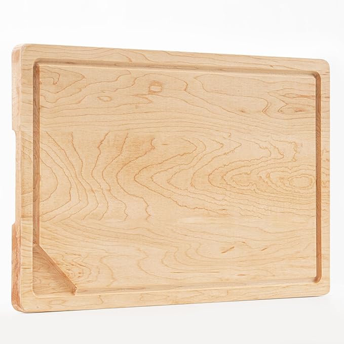 USA-Sourced Maple Wood Cutting Board for Kitchen (17"x11"x0.8") Pre-Oiled Wooden Chopping Board, Maple Wood Grain Reversible Butcher Block with Juice Groove & Handlers