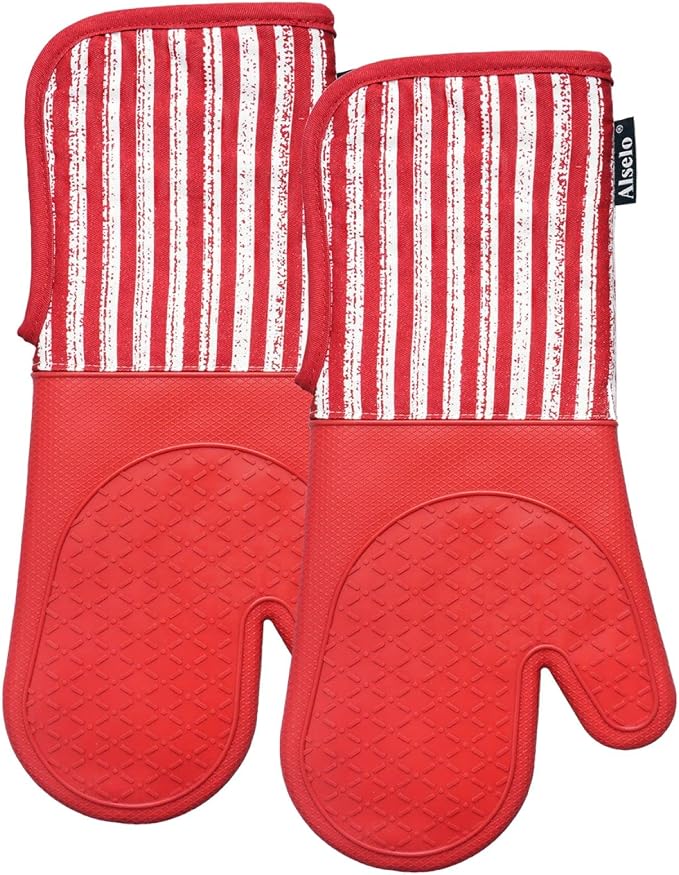 Alselo Silicone Oven Mitts Heat Resistant 932℉ with Waterproof & Non-Slip | Kitchen Mittens Set of 2,Extra Long 7.5"x15" Oven Gloves with Soft Cotton Terry Lining for Baking Cooking BBQ(Red,2)