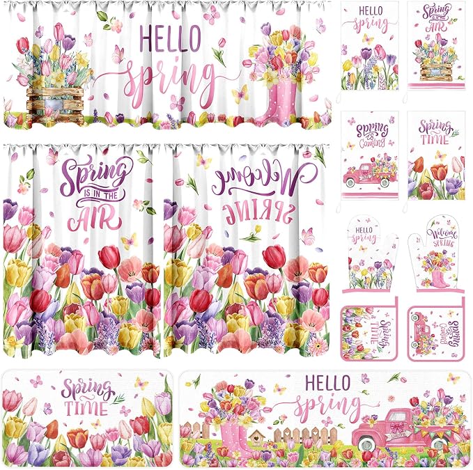 13 Pcs Hello Spring Kitchen Decor Set 3 Floral Kitchen Curtains Valance 2 Tulip Rugs and Mats 4 Spring Hand Towels 2 Paste Pot Holders 2 Oven Mitts for Home Decor Cooking Grilling Housewarming Gift