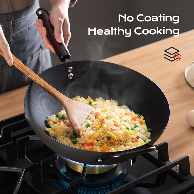 FGJ Wok, 13 Inch Carbon Steel Wok Pan Set 6PCS & Stir-fry Pans Nonstick, Pre-Seasoned 5.8QT Flat Bottom Chinese Woks Paella Pan Set, Carbon Steel Cookware, Compatible with All Cooktops
