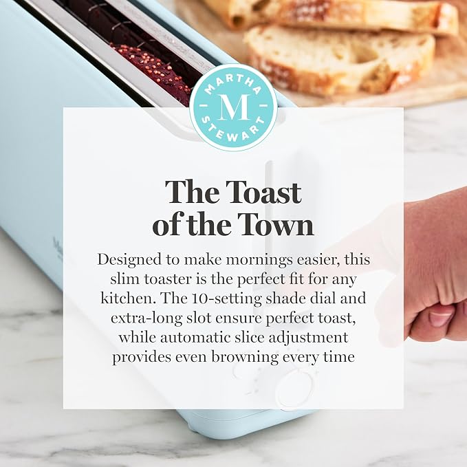 Martha Stewart 2 Slice Long Slot Toaster, Extra Wide, Sky Blue | 10 Shade Settings, 10” Wide Slot, Sourdough, Bagels, Artisan Bread & Waffles, Smart Centering, Removable Crumb Tray