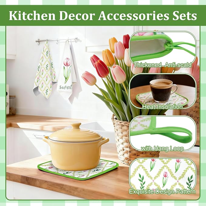 8 Pcs Tulip Floral Spring Style Kitchen Towels Oven Mitts Pot Holders Sets 4 Dish Towels 2 Absorbent Square Potholders 2 Heat Resistant Glove for Cooking Baking Home Mother’s Day Gifting ﻿
