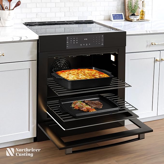 Northriver Casting 2-In-1 Pre Seasoned Cast Iron Dutch Oven With Skillet Lid,Casserole Dish,Rectangular Baking Pan,Griddle Pot Set, 6QT, 9"x13"