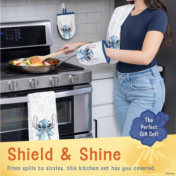 Disney Stitch Cotton Kitchen Towels & Mini Oven Mitts, 4-Piece Set | Absorbent, dries dishes fast, machine washable, mitt grip resists heat to 350F and is hand wash only, great for gifting