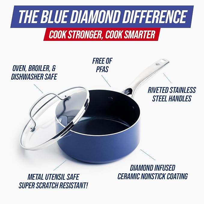 Blue Diamond 2QT Diamond Infused Ceramic Nonstick Sauce Pan with Lid, Blue | PFAS-Free Ceramic Nonstick Chef Pot, Dishwasher & Oven Safe, Durable Metal Utensil Safe, Soups, Glass Lid