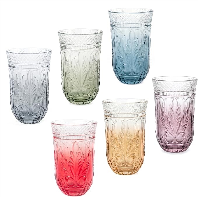 13 OZ 6 Pack Vintage Drinking Glasses Set, Colorful Textured Glass Water Tumblers Cups -Embossed Striped Glassware for Water, Cocktails, Juice, Iced Coffee, Beer(Sweet flag style)