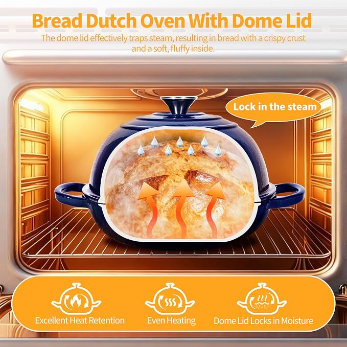 6QT Enameled Cast Iron Dutch Oven For Sourdough Bread Baking | Dutch Oven Pot With Lid,Non-stick Sourdough Baking Pan with Bread Dome,Round Ceramic Dutch Oven Pot for Homemade