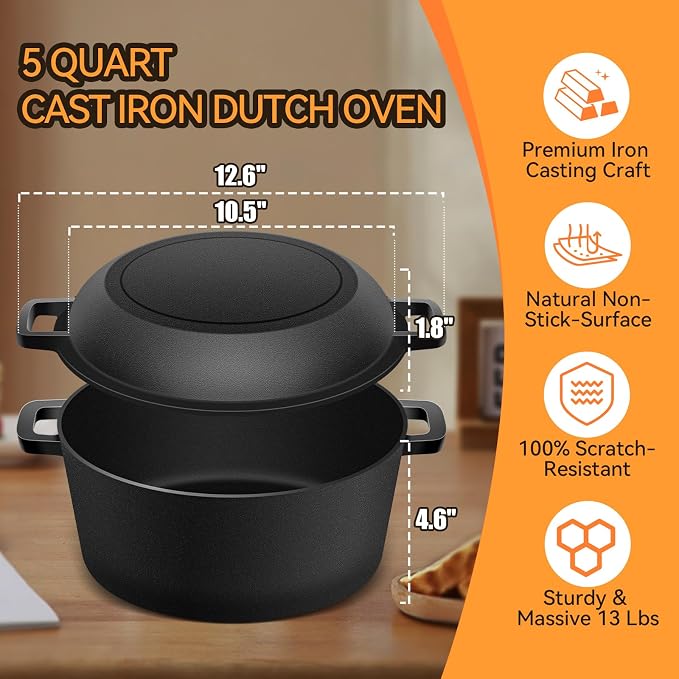 Cast Iron Dutch Oven for Bread Baking, 2-in-1 Pre-Seasoned Dutch Oven Pot | Banneton Bread Proofing Basket Sourdough Bread Baking Supplies, Dutch Oven Pot with Skillet Lid Cooking Pan Handles Lame, 5QT