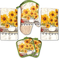 Bright Sunflower5 Piece Kitchen Towel Set | Kitchen Towel Set with 2 Decorative Dish Towels (25 X15), 1 Oven Mitt (11 X 7) and 2 Potholders (6.5 X 6.5)