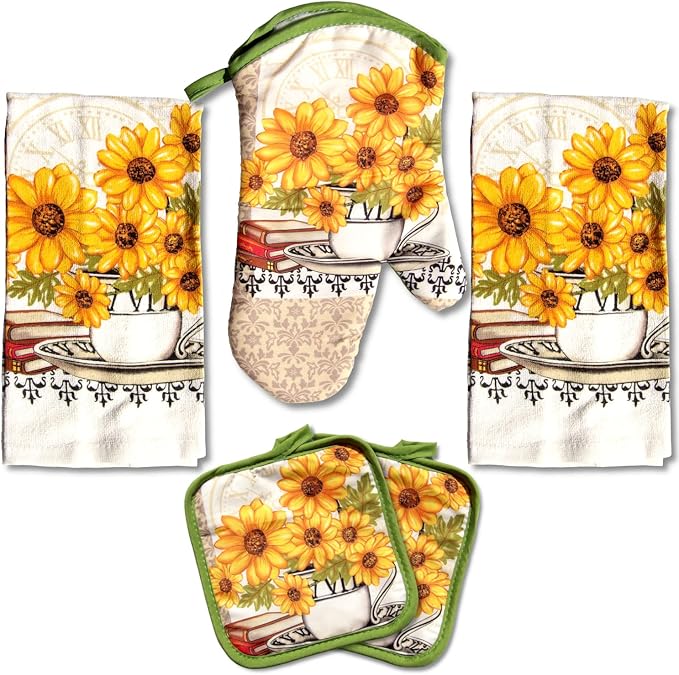Bright Sunflower5 Piece Kitchen Towel Set | Kitchen Towel Set with 2 Decorative Dish Towels (25 X15), 1 Oven Mitt (11 X 7) and 2 Potholders (6.5 X 6.5)
