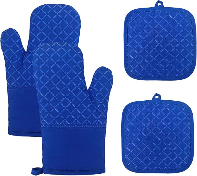 Oven Mitts and Pan Racks 4-Piece Set, Extended Kitchen Oven Mitts and Pan Racks, Heat Resistant 500 °F, Silicone Non-Slip Surface for Baking and Cooking (Blue)