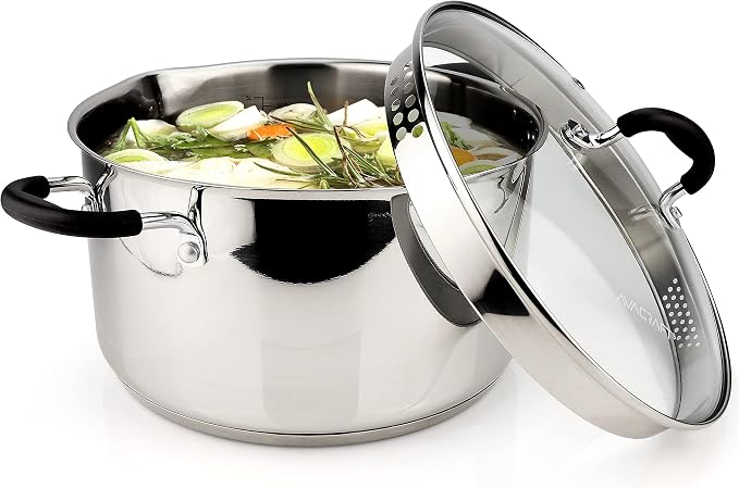 AVACRAFT 6 Quart Stainless Steel Stock Pot with Glass Strainer Lid | 5-Layer Capsule Base, Tempered Glass Strainer Lid, Drip-Free Pour Spouts, Induction Compatible, Dishwasher Safe