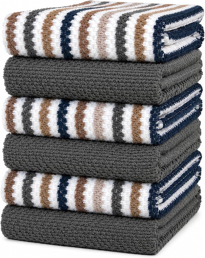 Bumble Kitchen Towels 6 Pack 100% Cotton 16"x26" - Grey Wide Stripe | 430 GSM Soft Kitchen Hand Towels with Hanging Loop, Highly Absorbent & Durable for Washing and Drying Dishes