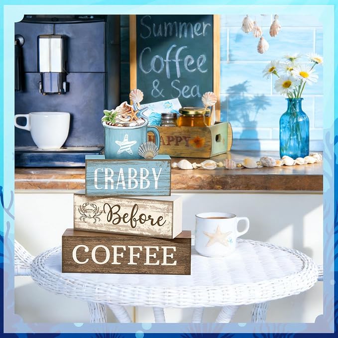 Lineshading 4 Pcs Coffee Beach Decor Wooden Blocks, Coastal Tiered Tray | Stackable Farmhouse Signs, Blue White Summer Decoration, Rustic Wooden Blocks for Coffee Bar, Home Tabletop