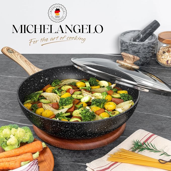 MICHELANGELO 12 Inch Wok Set - Woks & Stir-Fry Pans Nonstick Wok Pan with Lid, Induction Wok with Ergonomic Handle, Stainless Steel Steamer, Fryer Basket, Black