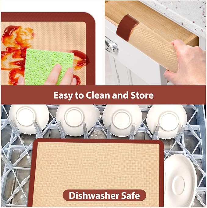 Silicone Baking Mat Set of 4, Nonstick Reusable Macaron Silicone Baking Mat & Round Pizza Mat, Cookie Baking Supplies for Macaroons, Pastry, Pizza, Red