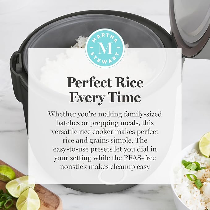 Martha Stewart 8 Cup Cooked (4 Cup Uncooked) Rice Cooker & Steamer, Caviar | PFAS-Free Ceramic Nonstick Removable Pot, 9 Modes, Keep Warm, Steamer, White & Brown Rice, Quinoa, Grains, Oats, Easy Clean