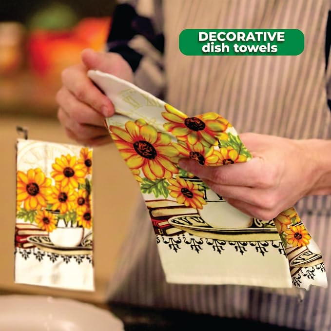 Bright Sunflower5 Piece Kitchen Towel Set | Kitchen Towel Set with 2 Decorative Dish Towels (25 X15), 1 Oven Mitt (11 X 7) and 2 Potholders (6.5 X 6.5)