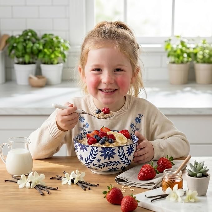 Cereal Bowls, 28 Ounce Ceramic Soup Bowls Set of 6, Large Bowl Set for Rice Salad Fruit Dessert Oatmeal Snack Ice Cream,Microwave & Dishwasher Safe, Blue & White