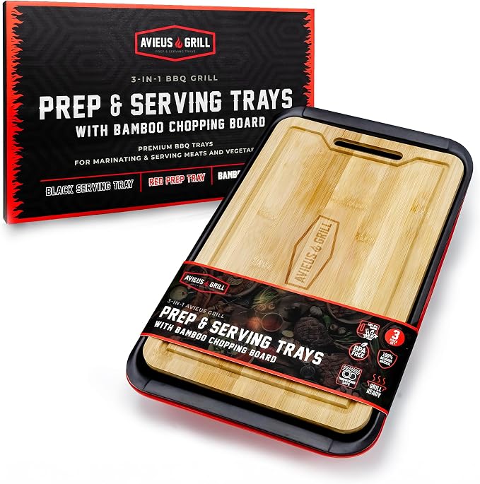 AVIEUS Grill Prep and Serving Trays | Set of 3 Stackable, Melamine Trays with Bamboo Cutting Board | Trays for Marinating, Serving & Chopping | Serving Platter for Plating Food & BBQ Prep Tub |