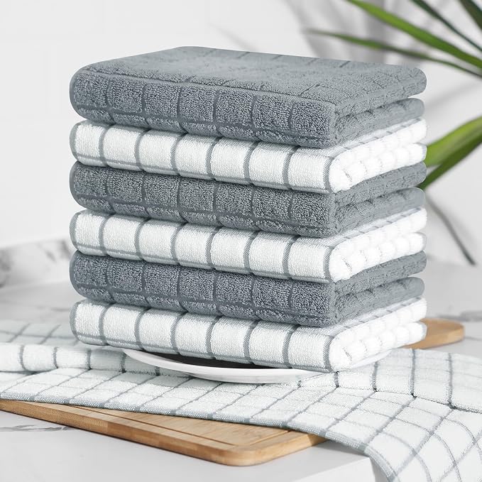 Homaxy Large Premium Cotton Kitchen Towels 16"x 28", 12 Pack, Grey | Natural Ring Spun 390 GSM Dish Towels, Super Absorbent Terry Kitchen Hand Towels, Soft Tea Towels with Hanging Loop
