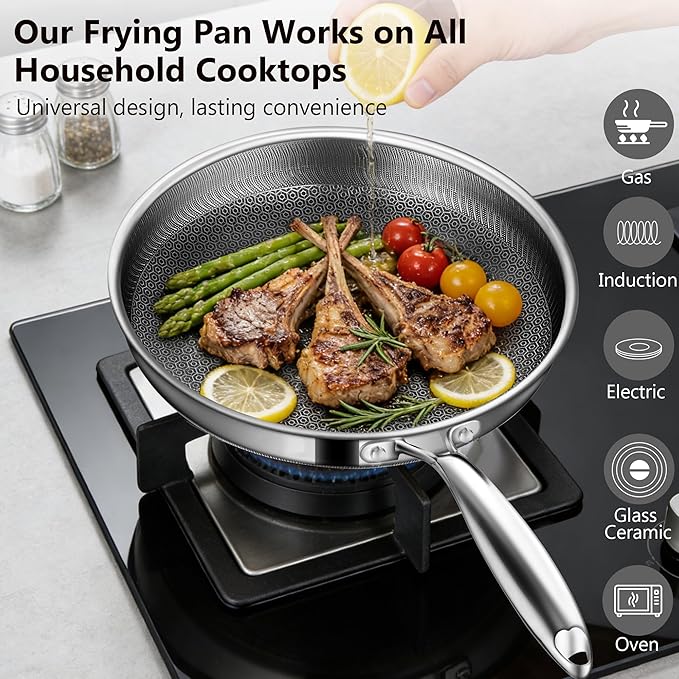 Non Stick Frying Pans, 12-inch with Lid, Hybrid Frying Pans Nonstick Stainless Steel Skillets, Dishwasher & Oven-Safe, Stay-Cool Handle, PFOA Free Cookware, Compatible with All Cooktops