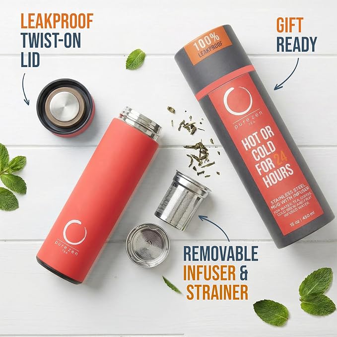 Pure Zen Tea Insulated Tea Infuser Bottle, 15 oz, Tea Thermos with Infuser | Leakproof, Hot and Cold 24 Hrs - for Tea, Coffee and Water, Stainless Steel, Tea Gift Set, Tea Tumbler with Infuser, Blue