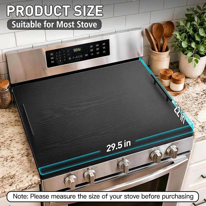 Noodle Board Stove Cover with Handles, Stove Top Covers for Gas Burners and Electric Stove, Wood Stove Cover Board Decorative Serving Tray Kitchen Sink Cover (Black)