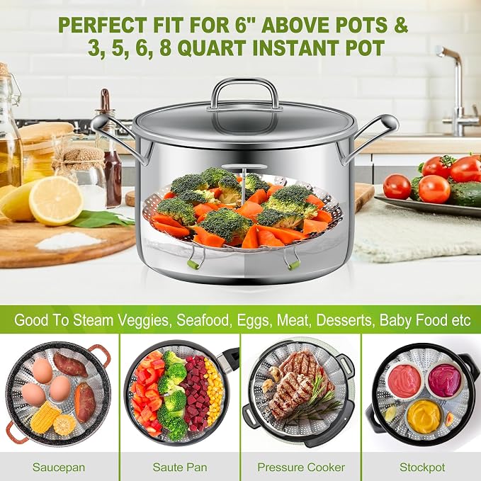 Pavsrmy Steamer Basket, 3rd Generation Stainless Steel Vegetable Steamer with Extendable Handle for Cooking Food, Folding & Expandable Veggie Steam Insert, Fit Various Size Instant Pot (5.5" to 9")