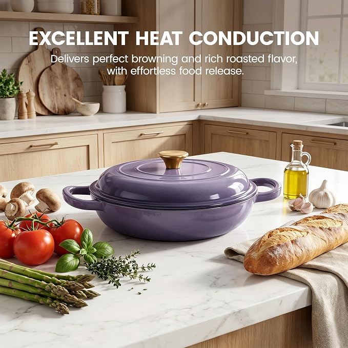 Vintage Style 3 Quart Enameled Cast Iron Braiser, Non Stick Enameled Cast Iron Skillet with Lid, Dutch Oven Skillet with lid up to 500°F for Oven, Stove, Grill, Shallow Dutch Oven for Cook, Bake (Purple)
