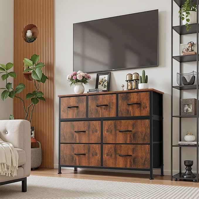 Sweetcrispy 7 Drawer Dresser for Bedroom Storage with Fabric Bins, Brown | Anti-Tip Closet Organizer, Wooden Top and Sturdy Steel Frame, Spacious Drawers for Clothes Storage, Hallway Entryway