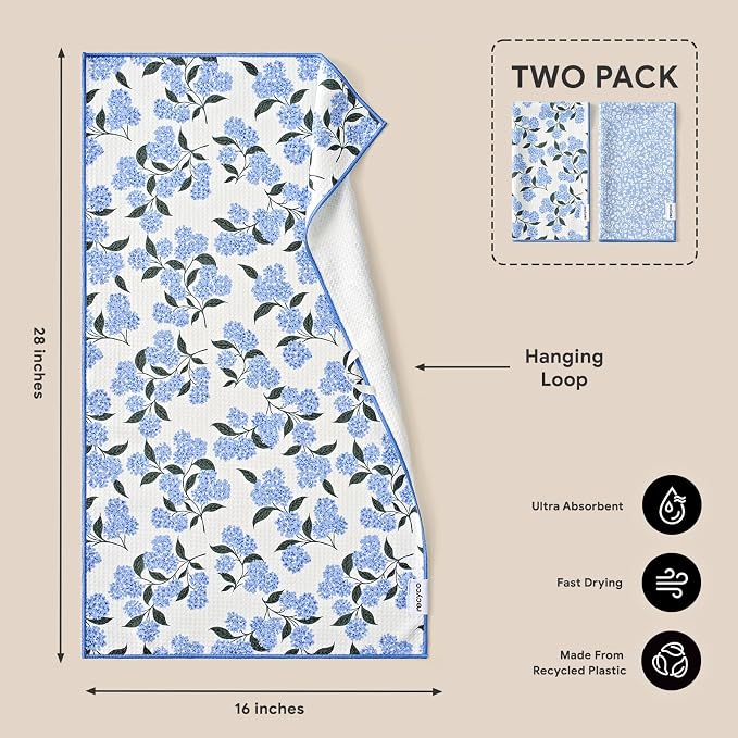 RECYCO Waffle Kitchen Towel Set of 2 - Quick Dry Microfiber Sustainable Dish Towels - Ultra Absorbent Reusable Cleaning Tea Towels - Lightweight Hand Towels,16”x 28”, Hydrangea Ball